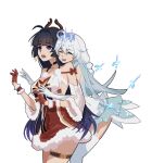  2girls :d :o antlers bangs braid christmas closed_mouth crown dress earrings elbow_gloves fake_horns gloves headband highres honkai_(series) honkai_impact_3rd horns hug hug_from_behind jewelry kiana_kaslana kiana_kaslana_(divine_prayer) long_hair multiple_girls open_mouth purple_hair raiden_mei red_dress red_gloves simple_background sleeveless sleeveless_dress smile thigh-highs twin_braids violet_eyes white_background white_dress white_hair white_legwear white_sleeves xiaoji_k 