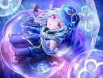  1boy androgynous arknights blue_hair blue_theme bow cloak hat highres jellyfish looking_up mizuki_(arknights) pale_skin ribbon umbrella violet_eyes wdx_07 