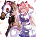  1girl absurdres animal_ears breasts commentary hair_between_eyes haru_urara_(umamusume) headband highres horse horse_ears horse_girl horse_tail kaku_yone long_hair looking_at_viewer open_mouth petals pink_eyes pink_hair ponytail school_uniform small_breasts solo tail umamusume waving white_background 