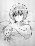  1girl amagami bangs bathing closed_mouth collarbone commentary dripping eyebrows_visible_through_hair foliage greyscale hair_between_eyes jishaku_(user_rcuz2843) looking_ahead looking_at_viewer monochrome motion_lines nanasaki_ai nude onsen short_hair sketch smile solo stone upper_body water wet 