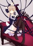  1girl absurdres artoria_pendragon_(fate) bangs black_dress black_ribbon blonde_hair braid closed_mouth commentary_request dark_excalibur dress excalibur_morgan_(fate) fate/grand_order fate/stay_night fate_(series) french_braid from_below gothic_lolita hair_bun highres holding holding_sword holding_weapon juliet_sleeves lolita_fashion long_sleeves looking_at_viewer puffy_sleeves ribbon saber_alter sidelocks sword tyty weapon yellow_eyes 