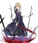  1girl absurdres artoria_pendragon_(fate) bangs black_dress black_ribbon blonde_hair braid closed_mouth commentary_request dark_excalibur dress excalibur_morgan_(fate) fate/grand_order fate/stay_night fate_(series) french_braid from_below gothic_lolita hair_bun haku_b83 highres holding holding_sword holding_weapon juliet_sleeves lolita_fashion long_sleeves looking_at_viewer puffy_sleeves ribbon saber_alter sidelocks sword weapon yellow_eyes 