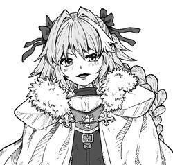  1boy astolfo_(fate) bangs blush bow braid cape eyebrows_visible_through_hair fate/apocrypha fate/grand_order fate_(series) fur_trim greyscale hair_bow hair_intakes hair_ribbon kusama_takato long_hair looking_at_viewer male_focus monochrome open_mouth otoko_no_ko ribbon sidelocks smile solo tongue upper_body 