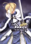  1girl ahoge artoria_pendragon_(all) blonde_hair blue_ribbon breasts cleavage_cutout clothing_cutout excalibur_(fate/stay_night) fate/grand_order fate/stay_night fate_(series) green_eyes hair_bun hair_ribbon holding holding_weapon juliet_sleeves long_sleeves medium_breasts miyasaaaaaaan puffy_sleeves ribbon saber solo sword weapon 