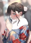  1girl blue_eyes blue_kimono blurry blurry_background brown_hair closed_mouth commentary_request eyebrows_visible_through_hair floral_print hair_ornament japanese_clothes jonsun kimono long_sleeves looking_at_viewer mole mole_under_eye original praying print_kimono short_hair solo tamami_(jonsun) thick_eyebrows twitter_username upper_body 