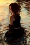  1girl 7ife absurdres black_hair black_jacket black_tank_top closed_eyes closed_mouth commentary english_commentary from_behind highres jacket long_hair midriff_peek off_shoulder original outdoors partially_submerged reeds ripples solo tank_top upper_body water 