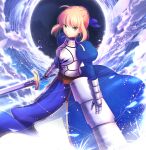  1girl ahoge artoria_pendragon_(all) blonde_hair blue_ribbon breasts cleavage_cutout clothing_cutout excalibur_(fate/stay_night) fate/grand_order fate/stay_night fate_(series) green_eyes hair_bun hair_ribbon holding holding_weapon juliet_sleeves long_sleeves medium_breasts puffy_sleeves reki0710 ribbon saber solo sword weapon 