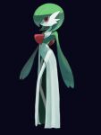  bangs black_background colored_skin commentary_request gardevoir gogot green_hair highres looking_at_viewer medium_hair pokemon pokemon_(creature) red_eyes simple_background solo white_skin 