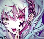  1girl braid braided_ponytail ear_piercing earrings fangs grey_eyes hair_ornament hairclip hatsune_miku heart heart-shaped_pupils heterochromia jewelry multicolored_hair nail_polish pale_skin piercing pink_eyes pipi redhead symbol-shaped_pupils tattoo twintails vocaloid white_hair 