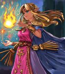  1girl armor blonde_hair blue_eyes bracer cape circlet dress fire highres long_hair magic pink_dress pointy_ears princess_zelda shoulder_armor stoic_seraphim super_smash_bros. white_dress 