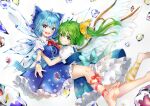  2girls barefoot blue_bow blue_dress blue_eyes blue_hair blush bow cirno closed_mouth collared_shirt daiyousei dress eyebrows_visible_through_hair fairy fairy_wings frilled_dress frilled_shirt_collar frills green_eyes green_hair hair_between_eyes hair_bow highres ice ice_wings long_hair multiple_girls open_mouth puffy_short_sleeves puffy_sleeves shironeko_yuuki shirt short_hair short_sleeves side_ponytail smile teeth touhou upper_teeth white_shirt wings 