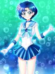  1girl back_bow bangs bishoujo_senshi_sailor_moon blue_bow blue_choker blue_eyes blue_hair blue_sailor_collar blue_skirt bob_cut bow choker commentary_request earrings elbow_gloves from_side gloves hand_on_own_arm highres iwwu5ngfuchokm4 jewelry leotard looking_at_viewer magical_girl miniskirt mizuno_ami oyaman pleated_skirt sailor_collar sailor_mercury sailor_senshi_uniform short_hair skirt sleeveless smile solo standing stud_earrings tiara white_gloves white_leotard 