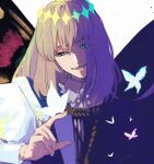 1boy bangs blonde_hair blue_eyes butterfly_wings cape crown diamond_hairband fate/grand_order fate_(series) fur-trimmed_cape fur_trim highres hro0_0 insect_wings long_hair long_sleeves male_focus oberon_(fate) solo wings 