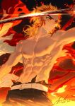  1boy arsh_(thestarwish) artist_name belt blonde_hair cape closed_mouth dated fire highres holding holding_sword holding_weapon katana kimetsu_no_yaiba light_smile long_hair male_focus multicolored_hair muscular muscular_male pants red_eyes redhead rengoku_kyoujurou signature solo sword topless_male torn_clothes two-tone_hair weapon 