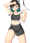  1girl alternate_costume arm_up armpits bangs black_hair black_shorts black_sports_bra blue_hair blush breasts commentary_request demon_girl demon_horns fang feet_out_of_frame highres horns kasumasu_(tales75) long_hair looking_at_viewer multicolored_hair navel open_mouth pointy_ears red_eyes ring-con ring_fit_adventure shishio_chris shorts simple_background small_breasts solo sports_bra strap_slip sugar_lyric sweat two-tone_hair virtual_youtuber white_background 