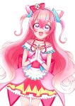  1girl :d blush choker commentary_request cure_precious delicious_party_precure earrings eyelashes hair_ornament hair_ribbon happy highres jewelry long_hair magical_girl nagomi_yui open_mouth pink_choker pink_hair pink_theme precure purple_eyes ribbon simple_background sketch smile solo tukiusagi0629 