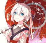  1girl 2022 bakujeeh_(user_emgg5835) bangs blue_eyes closed_mouth earrings flower hair_flower hair_ornament happy_new_year highres holding holding_umbrella honkai_(series) honkai_impact_3rd japanese_clothes jewelry kiana_kaslana kimono long_hair long_sleeves looking_at_viewer new_year oil-paper_umbrella ponytail red_flower simple_background smile solo umbrella white_background white_hair white_kimono 