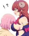  !? 2girls absurdres ahoge bangs bare_shoulders between_breasts breasts brown_hair chiyoda_momo curled_horns detached_sleeves eyebrows_visible_through_hair face_between_breasts from_side hair_ornament hairclip head_between_breasts highres horns large_breasts long_hair long_sleeves machikado_mazoku multiple_girls no_bra open_mouth poa_mellhen profile revealing_clothes ribbon shiny shiny_hair sideboob simple_background upper_body white_background yoshida_yuuko_(machikado_mazoku) yuri 