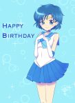  1girl back_bow bangs bishoujo_senshi_sailor_moon blue_bow blue_choker blue_eyes blue_hair blue_sailor_collar blue_skirt bob_cut bow choker commentary_request earrings elbow_gloves from_side gloves hand_on_own_arm happy_birthday highres jewelry leotard looking_at_viewer magical_girl mee__ch miniskirt mizuno_ami oyaman pleated_skirt sailor_collar sailor_mercury sailor_senshi_uniform short_hair skirt sleeveless smile solo standing stud_earrings tiara white_gloves white_leotard 