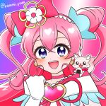  1girl :d blush choker commentary_request cure_precious delicious_party_precure earrings eyelashes hair_ornament hair_ribbon happy highres jewelry kammi_yum kome-kome_(precure) long_hair magical_girl nagomi_yui pink_choker pink_hair pink_theme precure purple_eyes ribbon simple_background sketch smile solo violet_eyes 