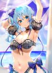  1girl armpits arms_up bare_shoulders beach bikini black_choker blue_bow blue_eyes blue_hair blush bow breasts choker commentary_request day detached_sleeves earrings frilled_sleeves frills front-tie_bikini front-tie_top grey_bikini hair_bow hair_ribbon highres hololive hoshimachi_suisei jewelry kasumi_komo long_hair looking_at_viewer medium_breasts navel ocean outdoors parted_lips plaid plaid_bikini ribbon side-tie_bikini side_ponytail solo star_(symbol) star_in_eye stomach string_bikini swimsuit symbol_in_eye thigh-highs upper_body virtual_youtuber 