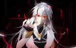  1girl 3o_c bangs black_background black_gloves chinese_clothes evil_grin evil_smile feathers fingerless_gloves fu_hua fu_hua_(herrscher_of_sentience) fu_hua_(valkyrie_accipter) gloves glowing glowing_eyes grin highres honkai_(series) honkai_impact_3rd long_hair red_eyes simple_background smile solo teeth white_hair 