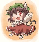  1girl animal_ears blush brown_hair cat_ears cat_tail chen dress earrings eyebrows_visible_through_hair fang full_body green_headwear hair_between_eyes hat jewelry long_sleeves mob_cap multiple_tails one_eye_closed open_mouth orange_eyes red_dress rokugou_daisuke short_hair signature single_earring smile socks solo tail touhou two_tails white_legwear 
