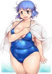  1girl bangs blue_eyes blue_hair blush breasts commentary_request eyebrows_visible_through_hair fat_step-sister_(orizen) highres looking_at_viewer open_mouth original orizen plump shirt smile solo swimsuit thick_thighs thighs white_background 