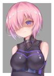 1girl armor armored_dress bare_shoulders breasts elbow_gloves eyebrows_visible_through_hair eyelashes_visible_through_hair fate/grand_order fate_(series) gloves lavender_eyebrows lavender_hair looking_at_viewer mash_kyrielight medium_breasts purple_eyes purple_gloves shield shielder_(fate/grand_order) short_hair smile solo thigh-highs type-moon yuxufu7