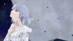  1girl blue_eyes commentary_request curtains dress eyebrows_visible_through_hair falling_petals grey_hair hand_up highres long_sleeves looking_up medium_hair mikanoisi original parted_lips petals sky solo star_(sky) starry_sky tearing_up tears upper_body white_dress 