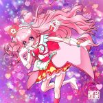  1girl :d alariscre blush choker commentary_request cure_precious delicious_party_precure earrings eyelashes hair_ornament hair_ribbon happy highres jewelry long_hair magical_girl nagomi_yui open_mouth pink_choker pink_hair pink_theme precure purple_eyes ribbon simple_background sketch smile solo 