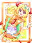  1girl blonde_hair commentary cure_yum-yum delicious_party_precure drill_hair eyelashes hair_ornament hanamichi_ran highres looking_at_viewer magical_girl momiji1991 pink_eyes precure simple_background sketch solo twintails 