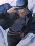  1boy adjusting_clothes adjusting_headwear black_hair chain gakuran green_eyes hand_in_pocket hat hat_over_one_eye jojo_no_kimyou_na_bouken kankito kujo_jotaro long_coat male_focus school_uniform solo stardust_crusaders 