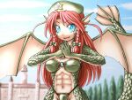 1girl abs beret blue_eyes bow bra braid claws colored_skin dragon_girl fangs fist_in_hand granberia green_bow green_bra green_skin hair_bow hat hat_ornament hong_meiling long_hair mon-musu_quest! monster_girl muscular muscular_female panties redhead scales scarlet_devil_mansion shirosato side_braid simple_background solo speech_bubble star_(symbol) star_hat_ornament tail tail_raised touhou twin_braids underwear white_background