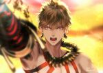  1boy bangs blonde_hair bodypaint earrings fate/grand_order fate_(series) gilgamesh_(fate) holding holding_weapon jewelry looking_at_viewer male_focus necklace open_mouth red_eyes sakura_hitsuji short_hair signature solo tattoo tooth_necklace twitter_username upper_body weapon 