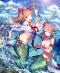  2girls armlet blue_eyes brown_hair character_request flower hair_flower hair_ornament harp head_fins holding holding_instrument holding_wand instrument irua long_hair looking_at_viewer mermaid monster_girl multiple_girls navel open_mouth revealing_clothes scales shingeki_no_bahamut sitting smile wand 