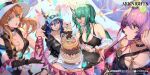  4girls absurdres arknights artist_request bangs bare_shoulders baseball_cap bikini black_bikini black_choker black_gloves black_swimsuit blonde_hair blue_hair breasts cake ch&#039;en_(arknights) ch&#039;en_the_holungday_(arknights) choker copyright_name eyebrows_visible_through_hair food gloves green_eyes green_hair hat highres horns hoshiguma_(arknights) large_breasts lin_yuhsia_(arknights) long_hair looking_at_viewer medium_breasts multiple_girls official_art one-piece_swimsuit open_mouth pink_hair red_eyes single_glove single_horn single_strap string_of_flags swimsuit swire_(arknights) third-party_source violet_eyes white_headwear yellow_eyes 