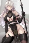  1girl alternate_costume android arm_support black_gloves black_legwear breasts covered_nipples elbow_gloves gloves hair_over_one_eye holding holding_sword holding_weapon joints lainart long_hair mole mole_under_mouth nier_(series) nier_automata pelvic_curtain robot_joints sideboob solo sword thigh-highs weapon white_hair yorha_type_a_no._2 