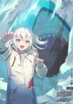  1girl bangs blue_eyes chromatic_aberration coat dolphenry gawr_gura highres hololive hololive_english ice iceberg looking_at_viewer shark sharp_teeth smile solo teeth turtleneck twintails virtual_youtuber white_coat white_hair 