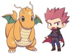  1boy aya_(ryou0327) black_cape black_footwear blue_jacket blue_pants boots cape chibi commentary_request dragonite grey_eyes jacket lance_(pokemon) long_sleeves male_focus open_mouth pants pokemon pokemon_(creature) pokemon_(game) pokemon_hgss popped_collar redhead short_hair spiky_hair standing tongue white_background 