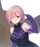  1girl armor armored_dress bare_shoulders breasts elbow_gloves eyebrows_visible_through_hair fate/grand_order fate_(series) gloves lavender_hair looking_at_viewer mash_kyrielight medium_breasts purple_eyes purple_gloves shield shielder_(fate/grand_order) short_hair smile solo thigh-highs yi_fan_de_azi 