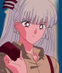  1990s_(style) 1girl bangs blue_background bow brown_shirt closed_mouth collar collared_shirt eyebrows_visible_through_hair eyes_visible_through_hair fujiwara_no_mokou grey_bow grey_hair hair_between_eyes hand_up highres long_hair looking_to_the_side mokoiscat multicolored_bow pants red_bow red_eyes red_pants retro_artstyle shirt smile solo touhou upper_body yellow_background 