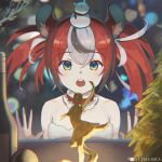  1girl :o bangs black_hair blurry bokeh bottle choker chromatic_aberration depth_of_field dolphenry glowing hakos_baelz hololive hololive_english multicolored_hair open_hands red_choker redhead statue statuette streaked_hair tree virtual_youtuber white_hair window wine_bottle 