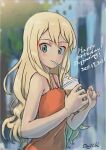  1girl alternate_hairstyle artist_name bangs birthday blonde_hair blue_eyes blurry blurry_background cappuccino_(drink) casual character_name commentary cup darjeeling_(girls_und_panzer) dated day depth_of_field disposable_cup dress drinking_straw from_side girls_und_panzer hair_down happy_birthday highres holding holding_cup kuroneko_douji long_hair looking_at_viewer orange_dress outdoors signature solo spaghetti_strap standing sundress sweatdrop 