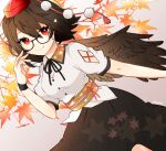  1girl arm_up autumn_leaves bangs bird_wings black_ribbon black_skirt black_wristband blush breasts brown_hair buttons closed_mouth commentary_request eyelashes feathered_wings feet_out_of_frame grey_background hat leaf leaf_background looking_at_viewer medium_breasts neck_ribbon necono_(nyu6poko) obi pointy_ears pom_pom_(clothes) red_eyes red_headwear ribbon rimless_eyewear sash shameimaru_aya short_hair short_sleeves simple_background skirt smile solo tokin_hat touhou wing_collar wings 