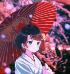  1girl bangs black_hair blue_nails blurry blurry_background blurry_foreground bokeh closed_mouth commentary depth_of_field eyebrows_visible_through_hair hair_ornament highres holding holding_umbrella hololive japanese_clothes kounaien_(comic1217) light_blue_hair light_blush looking_at_viewer miko oil-paper_umbrella oozora_subaru petals short_hair smile solo standing swept_bangs tassel umbrella upper_body virtual_youtuber 