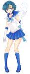  1girl back_bow bangs bishoujo_senshi_sailor_moon blue_bow blue_choker blue_eyes blue_hair blue_sailor_collar blue_skirt bob_cut bow choker commentary_request curie earrings elbow_gloves from_side gloves hand_on_own_arm highres jewelry leotard looking_at_viewer magical_girl miniskirt mizuno_ami oyaman pleated_skirt sailor_collar sailor_mercury sailor_senshi_uniform short_hair skirt sleeveless smile solo standing stud_earrings tiara white_gloves white_leotard 