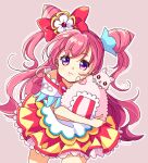  1girl :d blush choker commentary_request cure_precious delicious_party_precure earrings eyelashes hair_ornament hair_ribbon happy highres jewelry kome-kome_(precure) long_hair magical_girl nagomi_yui pink_choker pink_hair pink_theme precure ribbon simple_background sketch smile solo violet_eyes whitesodapop 