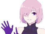 1girl armor armored_dress bare_shoulders breasts elbow_gloves eyebrows_visible_through_hair fate/grand_order fate_(series) gloves lavender_eyebrows lavender_hair looking_at_viewer mash_kyrielight medium_breasts purple_eyes purple_gloves shield shielder_(fate/grand_order) short_hair smile solo thigh-highs type-moon yl_notsad