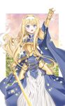  1girl alice_schuberg armor armored_dress blonde_hair blue_eyes breastplate eyebrows_visible_through_hair gauntlets hair_between_eyes long_hair looking_at_viewer luna_hina shoulder_armor simple_background solo sword sword_art_online weapon 